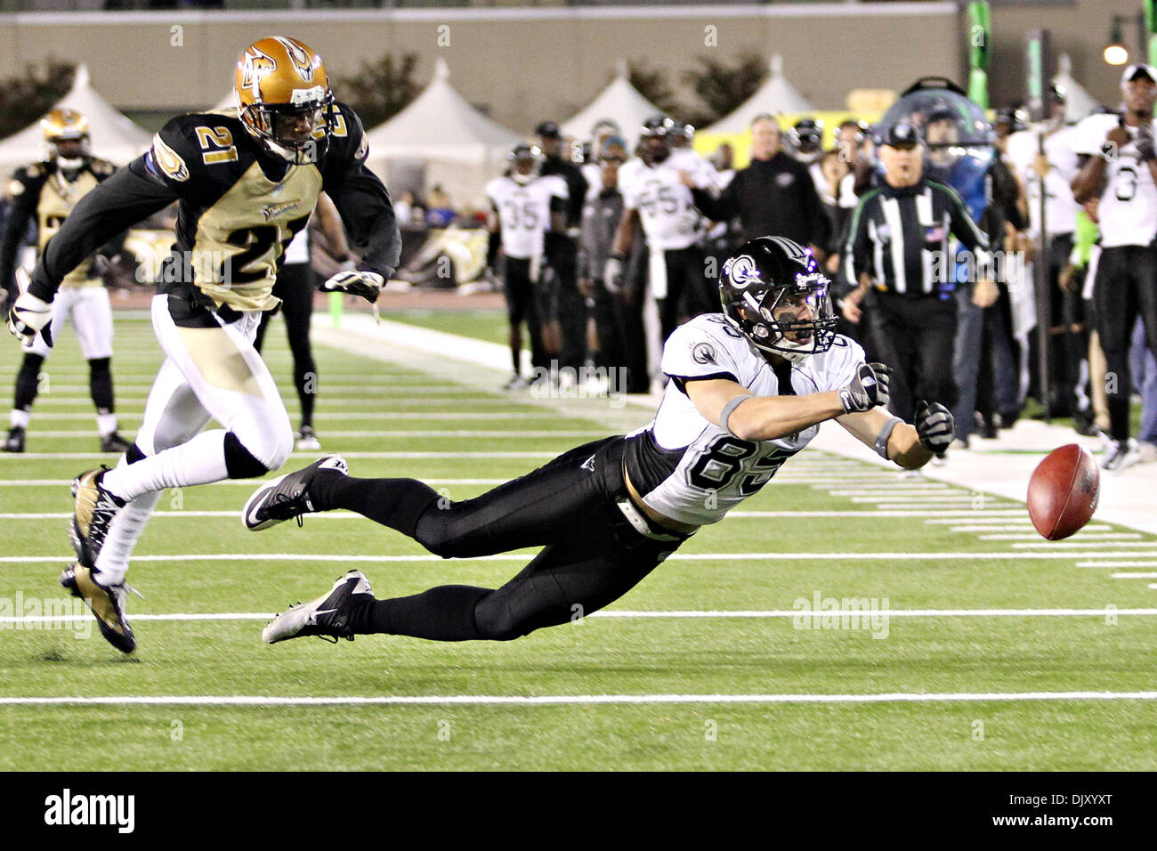 14. November 2010 - Sacramento, California, Vereinigte Staaten von Amerika - Omaha Nighthawks Wide Receiver Mike Hass (85) Tauchgänge zu einen Fußball fangen als Sacramento Berglöwen defensive Ronnie prüde (21 Back) Strecken das Spiel. Die Sacramento Mountain Lions besiegten die Omaha Nighthawks 41 bis 3. (Kredit-Bild: © Chris Trim/Southcreek Global/ZUMApress.com) Stockfoto