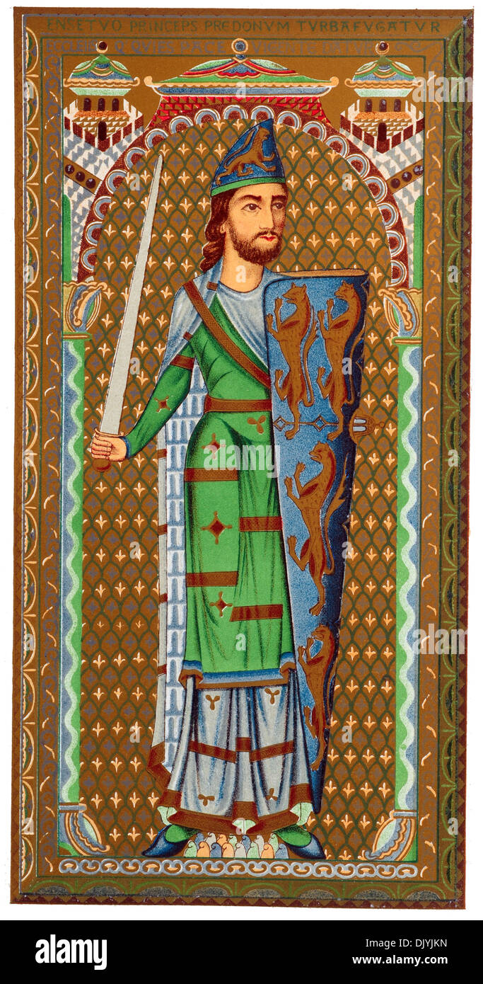 Kostüm eines Adligen aus dem zwölften Jahrhundert emailliert Tablet Kathedrale von Mans chromolitho Stockfoto