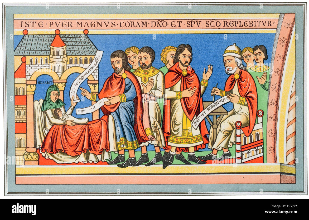 Kostüm des zwölften Jahrhunderts aus einem Gemälde in der Krypta der Canterbury Kathedrale Geburt von Johannes der Täufer chromolitho Stockfoto