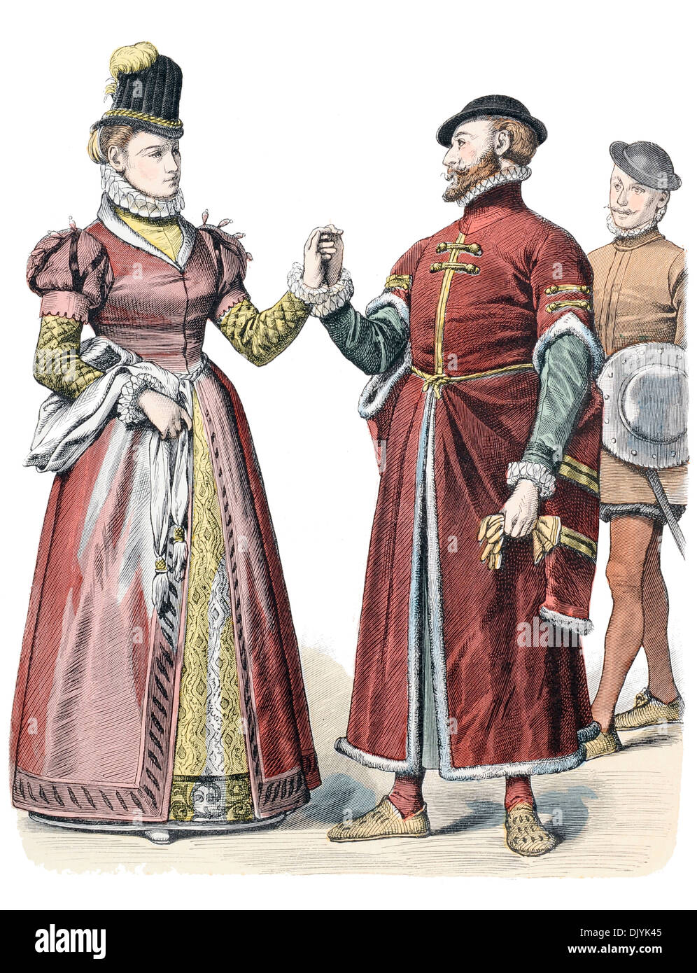 Late16th Jahrhundert XVI 1500er Jahren Englisch Kostüm, Kaufmann und Frau Stockfoto