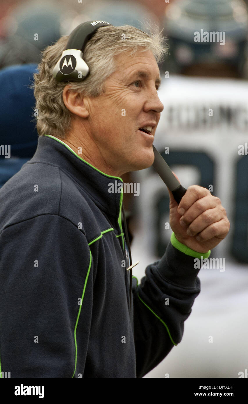12. Dezember 2010 - San Francisco, CA, USA - San Francisco 49ers Vs Seattle Seahawks im Candlestick Park Sonntag, 12. Dezember 2010.  Seahawks Head Coach Pete Carroll... 49ers schlagen Seahawks 40 bis 21. (Kredit-Bild: © Al Golub/ZUMAPRESS.com) Stockfoto