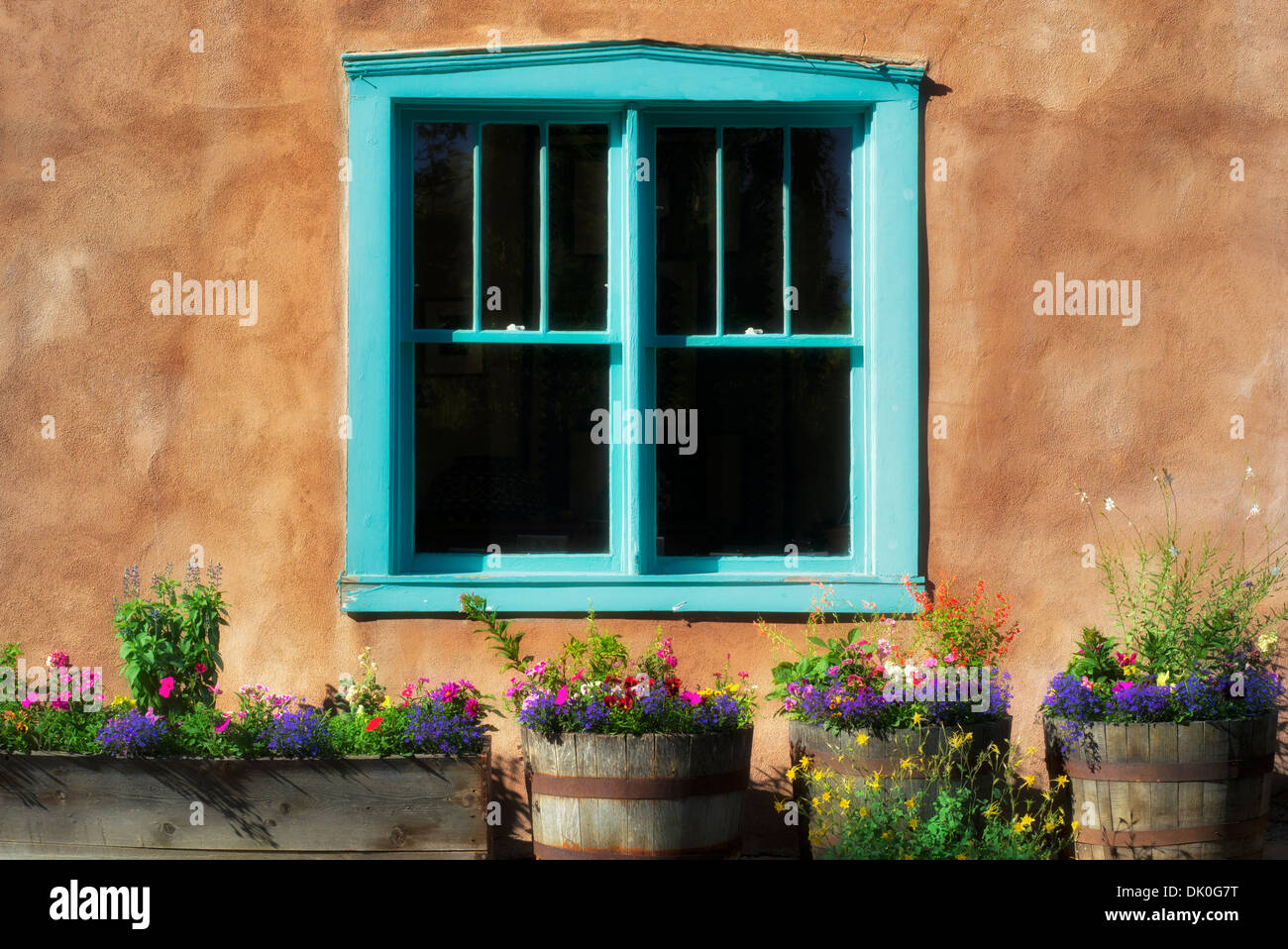Topfblumen Display und bunte Fenster des Adobe-Haus entlang Canyon Road. Santa Fe, New Mexico Stockfoto