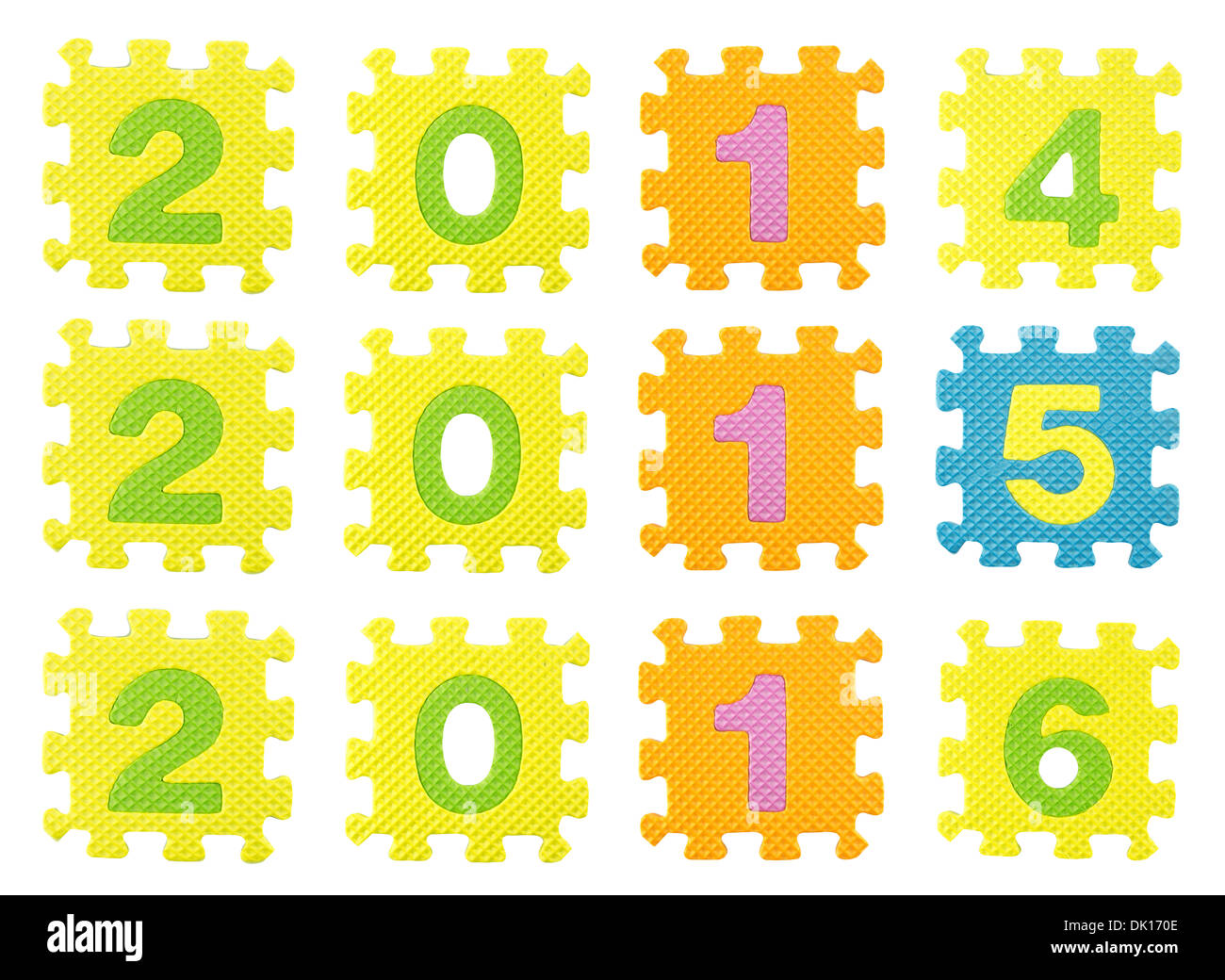 Frohes neues Jahr 2014,2015, 2016, hergestellt aus pädagogischen Puzzle-Teile (Clipping Arbeitspfad enthalten). Stockfoto