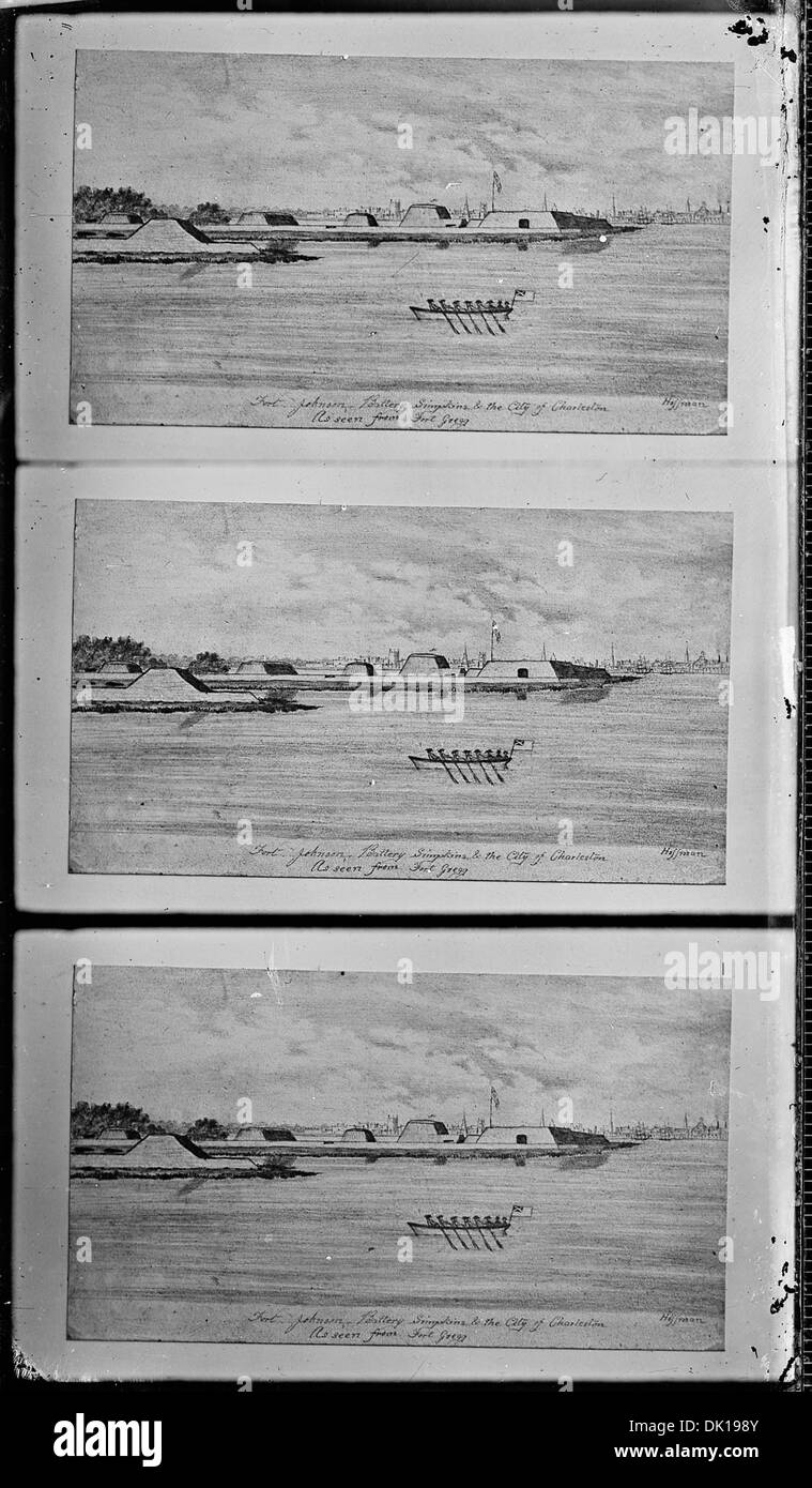 Eine Skizze, die den Blick auf Fort Johnson und die Stadt Charleston von Fort Gregg aus zeigt. Das Bild zeigt die historische Landschaft während der Betriebszeit des Forts. Stockfoto