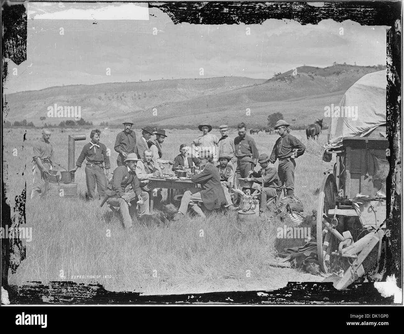 Der US Geological Survey in Camp am roten Buttes. Zahlen sind 1. F.V Hayden, US-amerikanischer Geologe zuständig, 2. James... 516891 Stockfoto