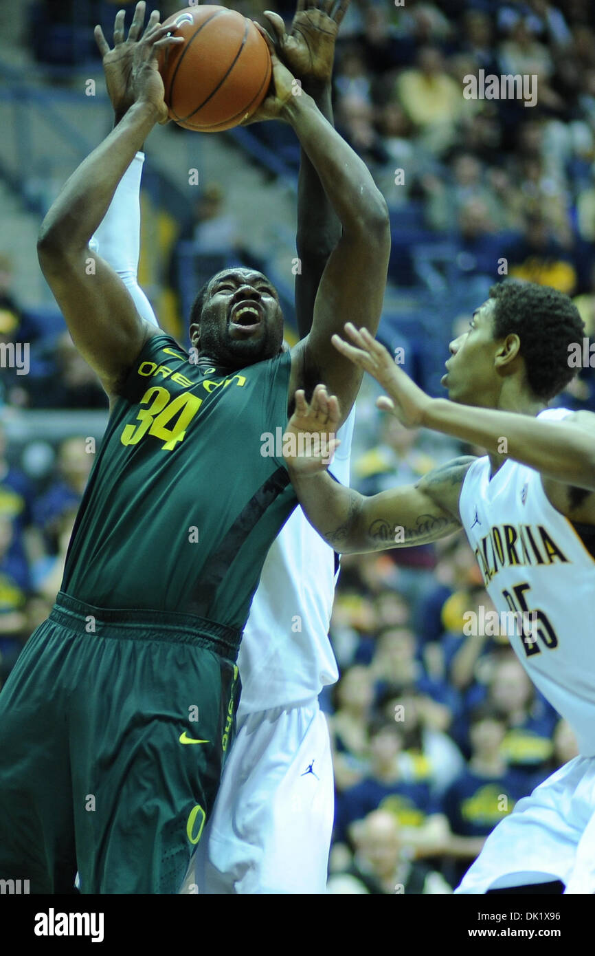 29. Januar 2011 - Berkeley, California, Vereinigte Staaten von Amerika - Oregon Ducks weiterleiten Joevan Catron (34) Schlachten für einen Schuss während der NCAA Basketball-Spiel zwischen dem Oregon Ducks und die California Golden Bears im Haas-Pavillon.  Cal hielt sich an um 85-77 im Pac-10-Spiel zu gewinnen. (Kredit-Bild: © Matt Cohen/Southcreek Global/ZUMAPRESS.com) Stockfoto