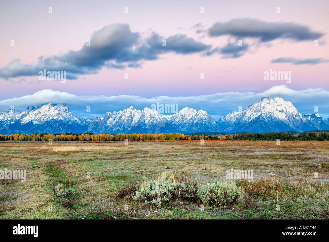 Morgendämmerung am Grand Teton, Wyoming Stockfoto