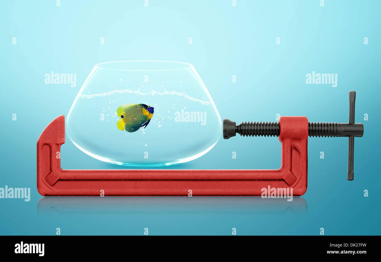 horizontale Hand Schraubstock c-Clamp und Goldfischglas Stockfoto
