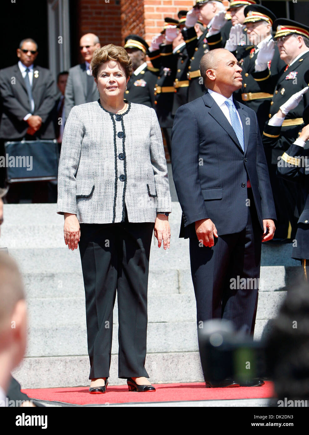 Dilma Rousseff Präsident von Brasilien während ihres Besuchs mit Massachusetts Gov Deval Patrick Boston Massachusetts - 10.04.12 Stockfoto