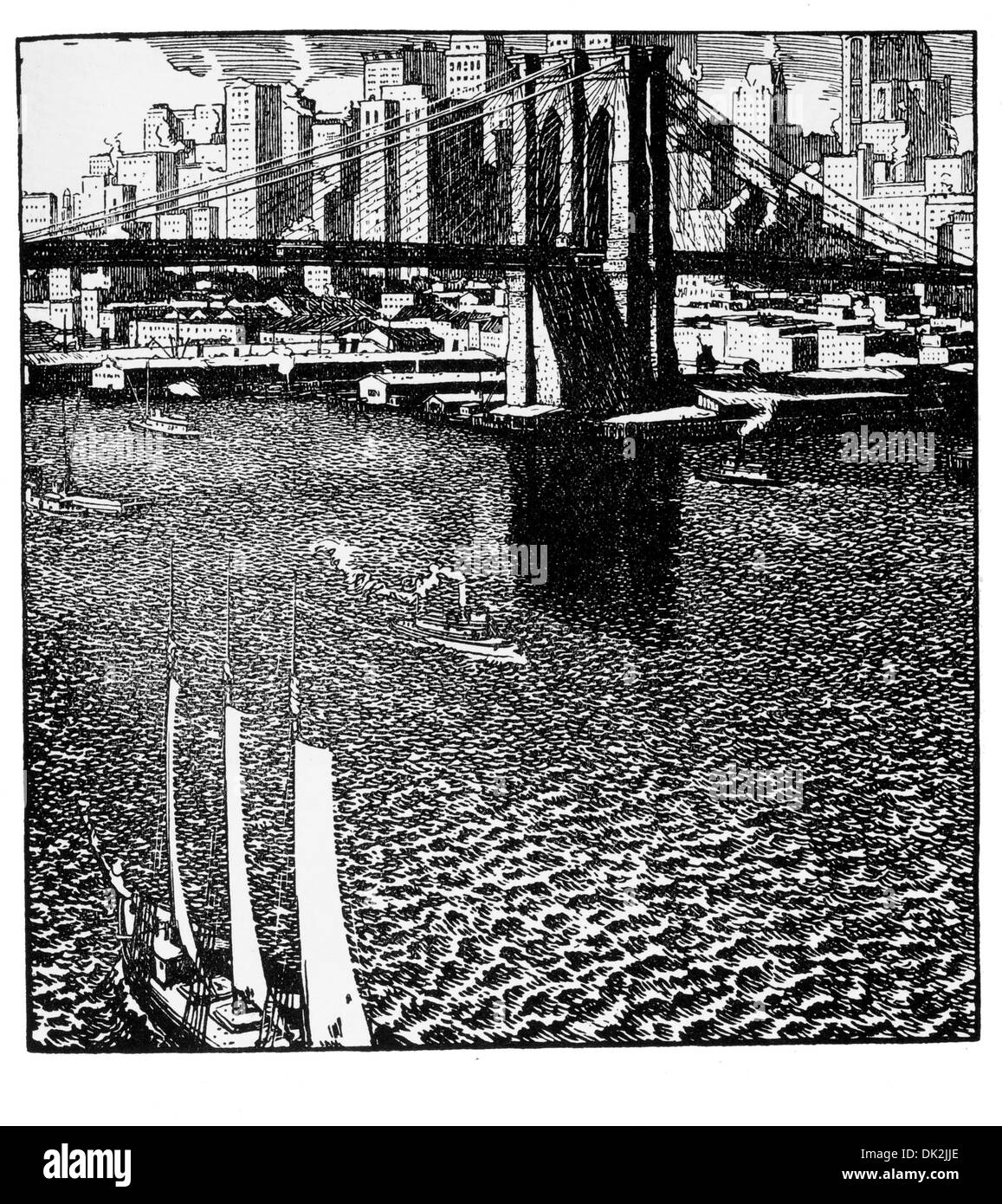 Holzstich von P. Rusicka der Brooklynbridge Stockfoto