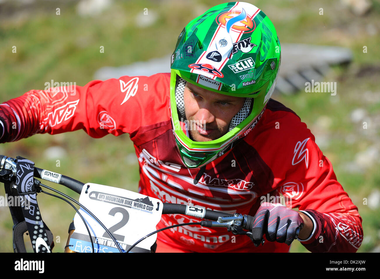 South African Mountain Bike Racer Greg Minnaar im Wettbewerb mit der UCI Mountain Bike World Cup in Fort William, Schottland. Stockfoto