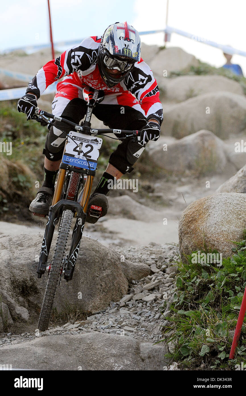 Downhill-Mountainbike Fahrrad Rennfahrer Steve Peat beteiligt sich an der UCI Mountain Bike World Cup, Fort William im Jahr 2013. Stockfoto