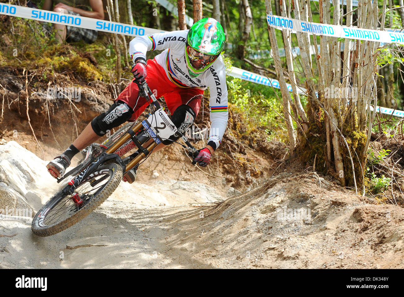 South African Mountain Bike Racer Greg Minnaar im Wettbewerb mit der UCI Mountain Bike World Cup in Fort William, Schottland. Stockfoto