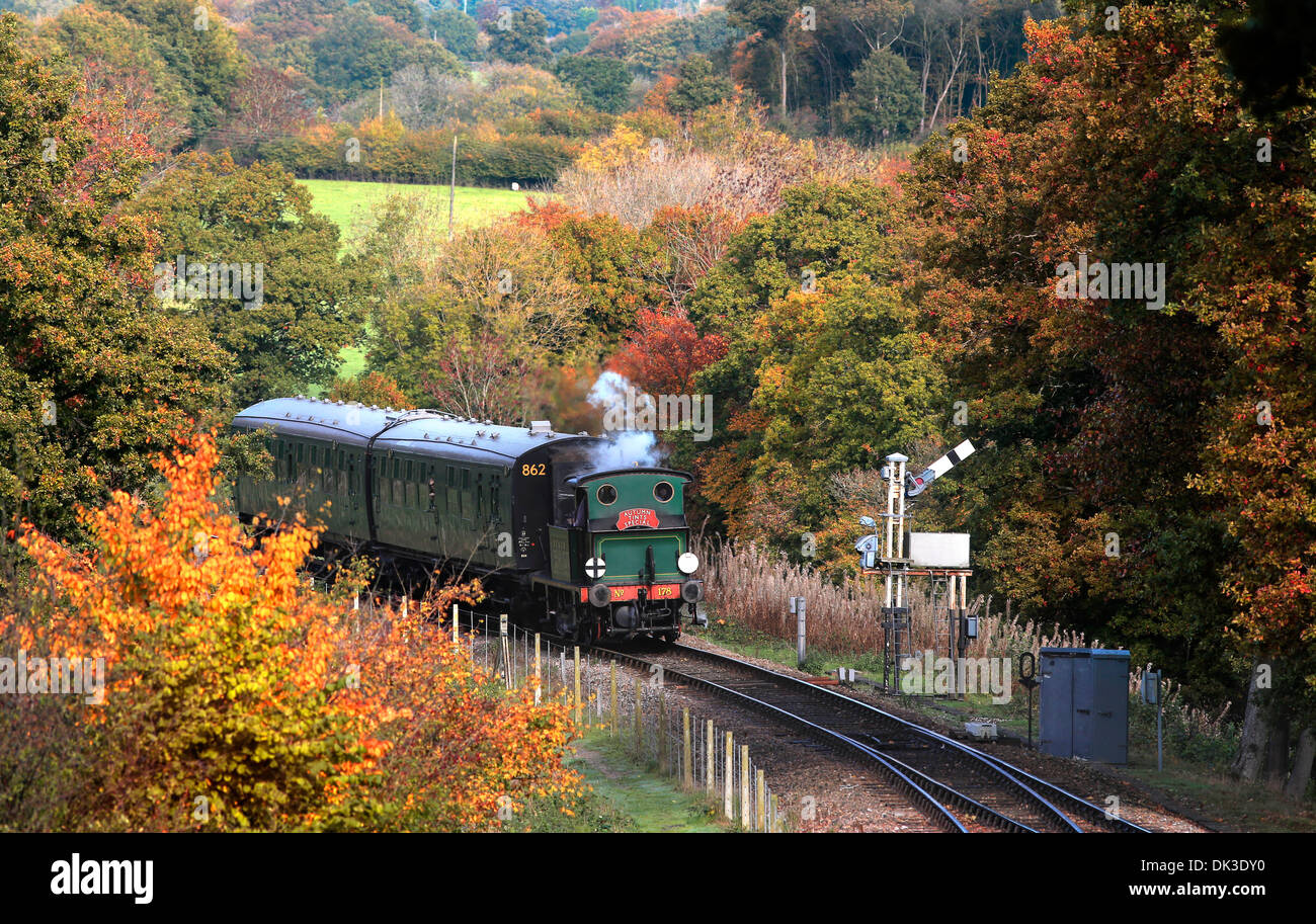 Das Herbst-Tönungen-Special dampft in Richtung Horsted Keynes-Station auf der Bluebell Railway in East Sussex. Stockfoto