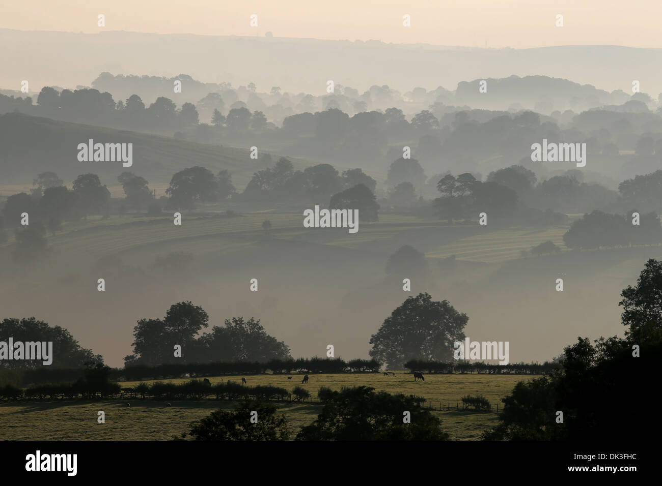 Tagesanbruch über Spätsommer Morgennebel gesehen, von Thorpe Weide mit Blick auf Tissington in Derbyshire Peak District. Stockfoto