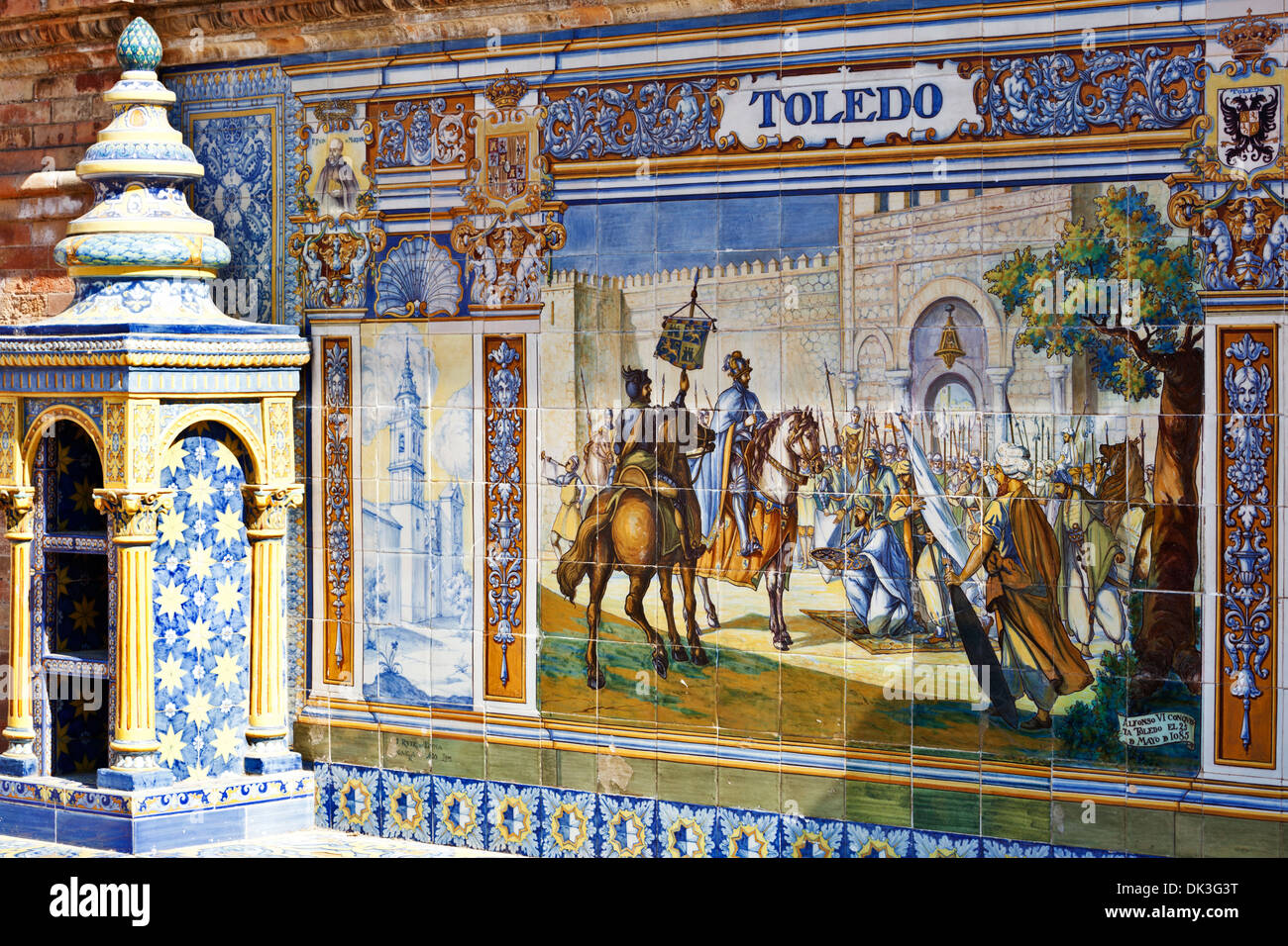 Keramische Azulejo Panel gewidmet der spanischen Provinz Toledo, Plaza de Espana. Stockfoto