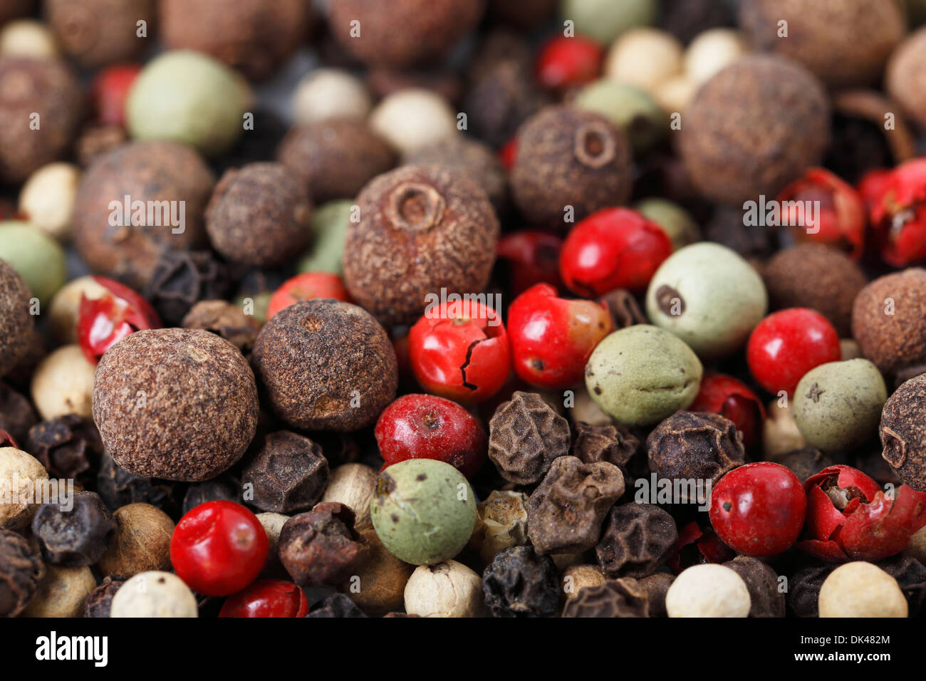 Eine Mischung von verschiedenen Arten von Pfefferkörner, einschließlich Schwarz, weiß, grün, grau, rosa und jamaikanischer Pfeffer- oder Piment. Stockfoto