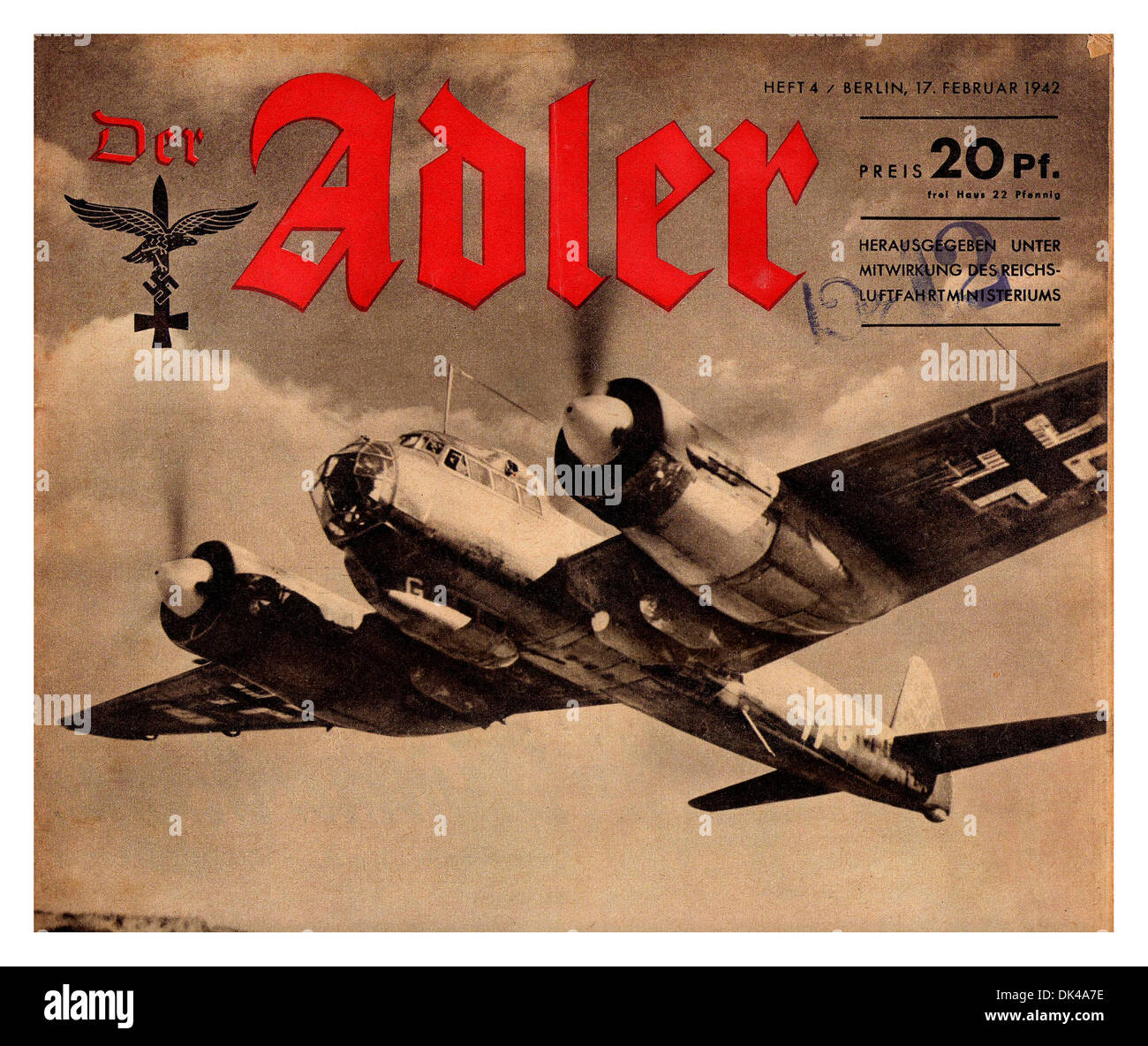 Luftwaffe Junkers 88 Bomber Aircraft DER Adler Frontcover der deutschen Kriegspropagandazeitschrift 'der Adler', die die 'Siege' vom 1942. Februar illustriert Stockfoto