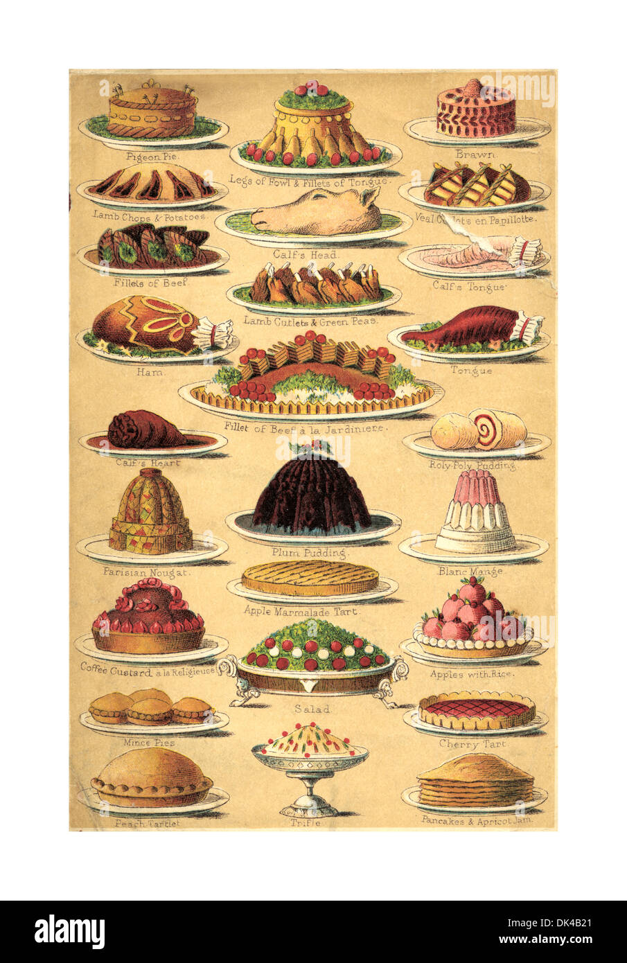 VICTORIAN CHRISTMAS PUDDING Vintage Kochbuch Lithographie Seite 1890 illustriert verschiedene Weihnachten Lebensmitteln einschließlich Torten Pudding Kuchen & Fleisch Stockfoto