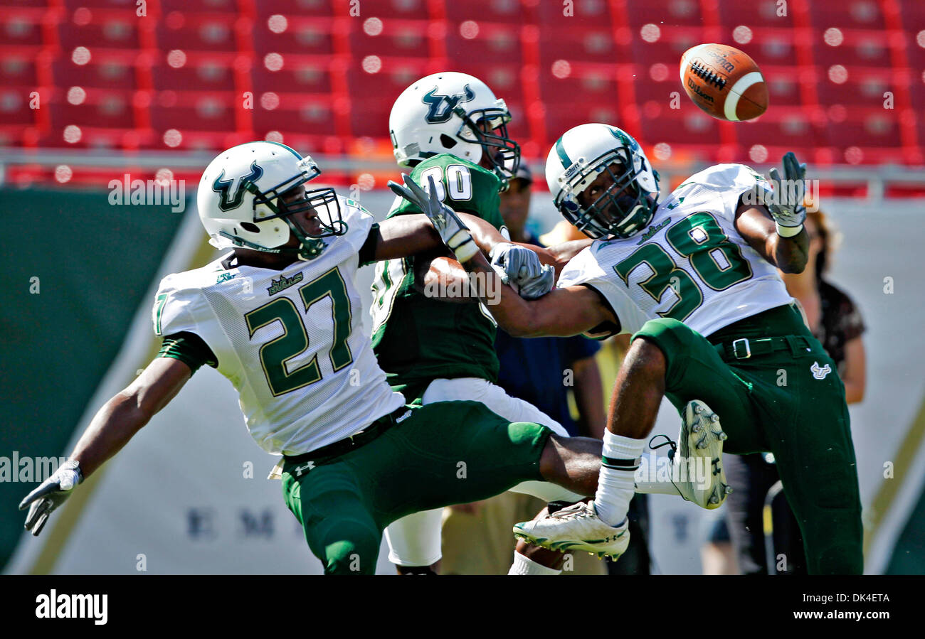 2. April 2011 - DANIEL WALLACE |   Times.TP 336698 WALL USF 2 (02.04.2011 Tampa) Patrice Pierre (27) und Ricardo Dixon (38) brechen einen Pass für Steven Bravo-Brown (80) soll während der USF Frühling Spiel im Raymond James Stadium. [DANIEL WALLACE, mal] (Kredit-Bild: © St. Petersburg Times/ZUMAPRESS.com) Stockfoto