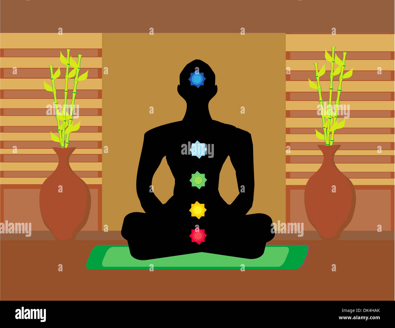 Lotus Yoga-Pose. Padmasana mit farbigen Chakra-Punkte. Stockfoto