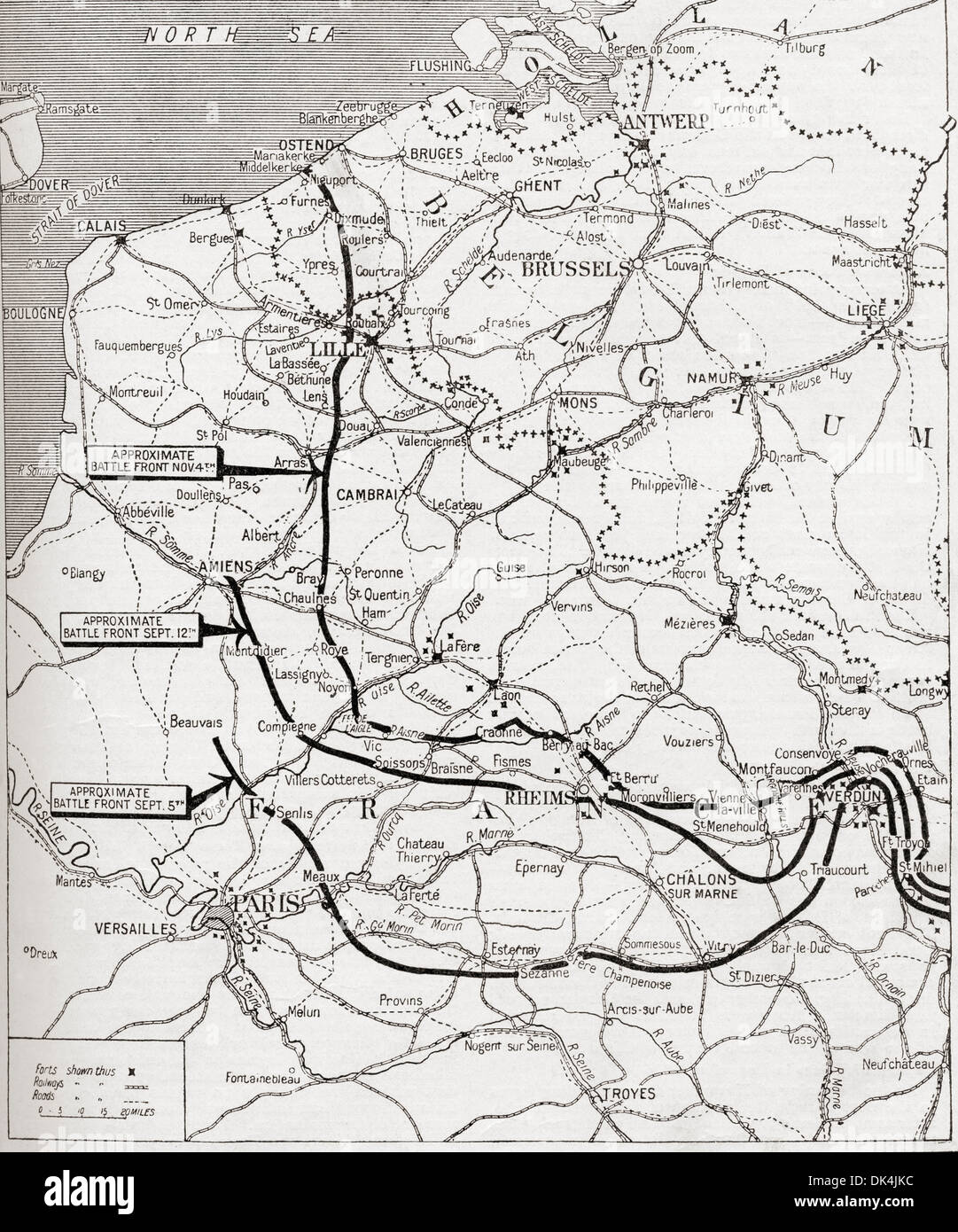 Karte zeigt die stetige Fortschritte des alliierten Vormarsches 1914 im ersten Weltkrieg. Aus dem Krieg illustrierte Album Deluxe veröffentlicht 1915. Stockfoto