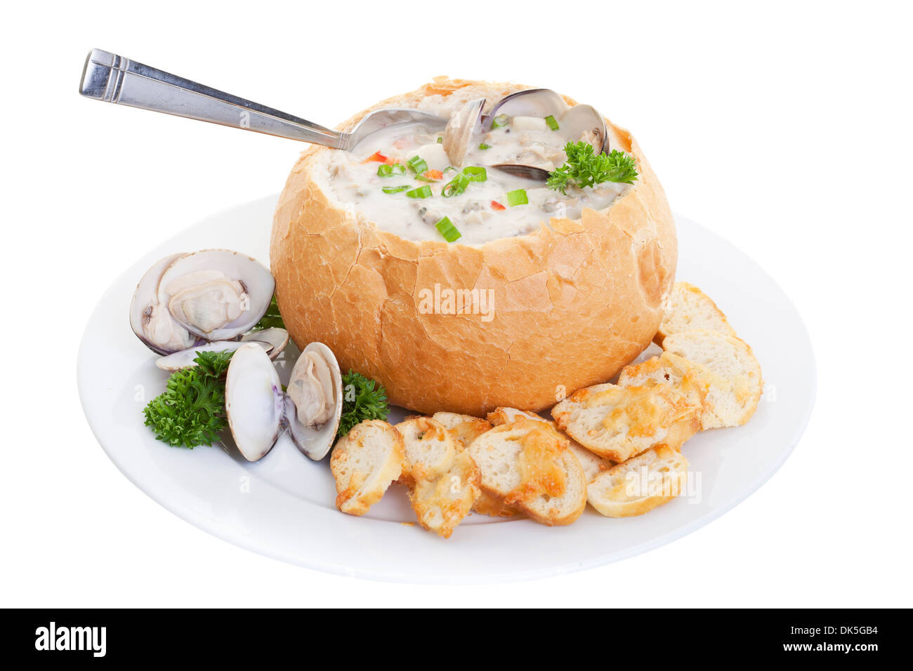 Clam Chowder Suppe im Brot isoliert auf einem weißen Hintergrund. Stockfoto