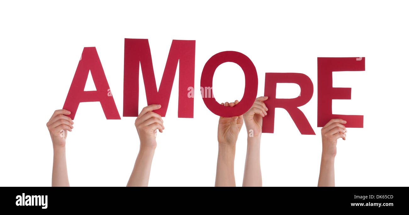 Viele Hände halten die italienische Wort Amore was Liebe, mit roten