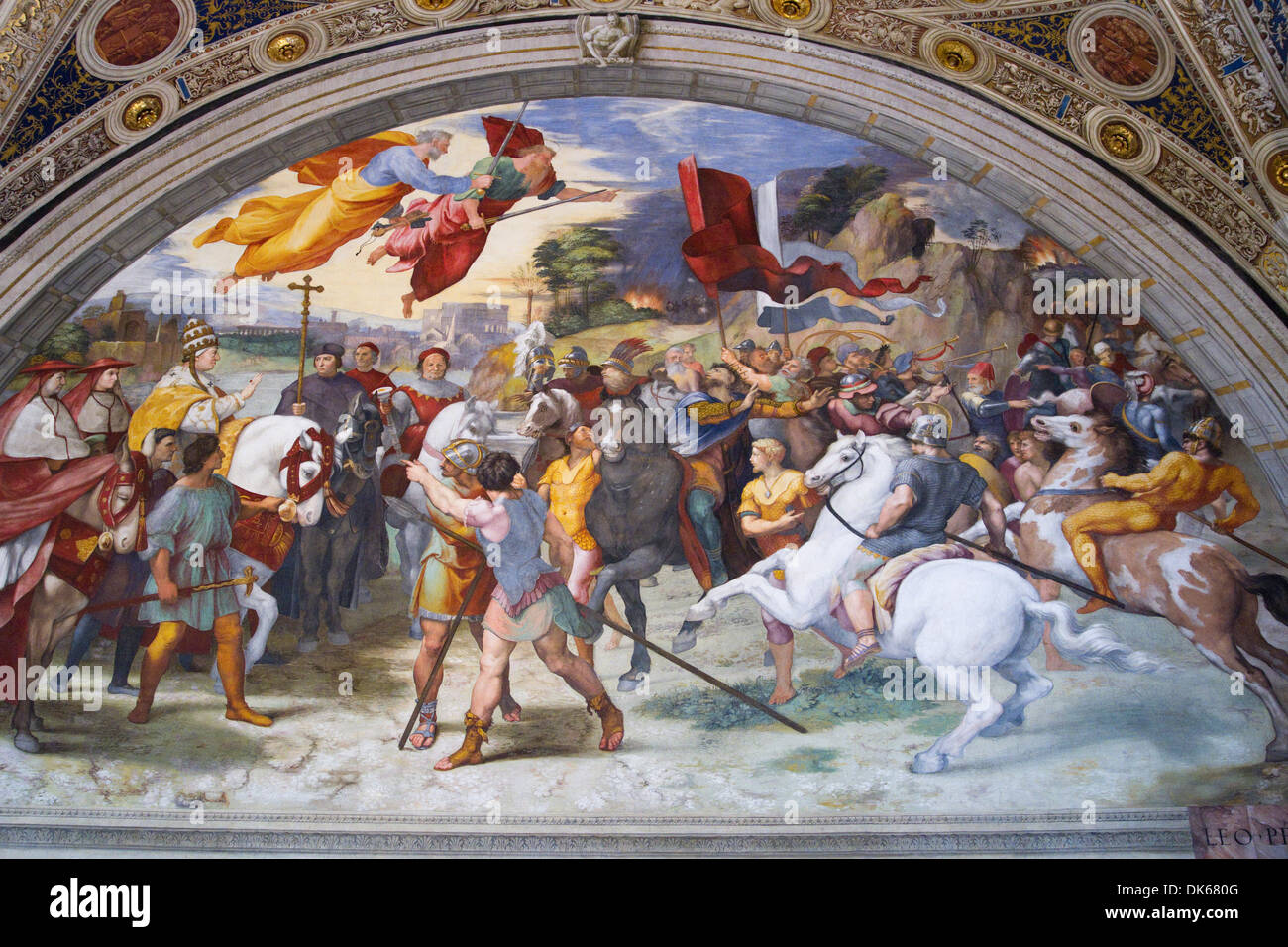 Die Besprechung von Leo dem grossen und Attila, ein Fresko entworfen und gemalt von Raffael (Raffaello Sanzio da Urbino). Stockfoto