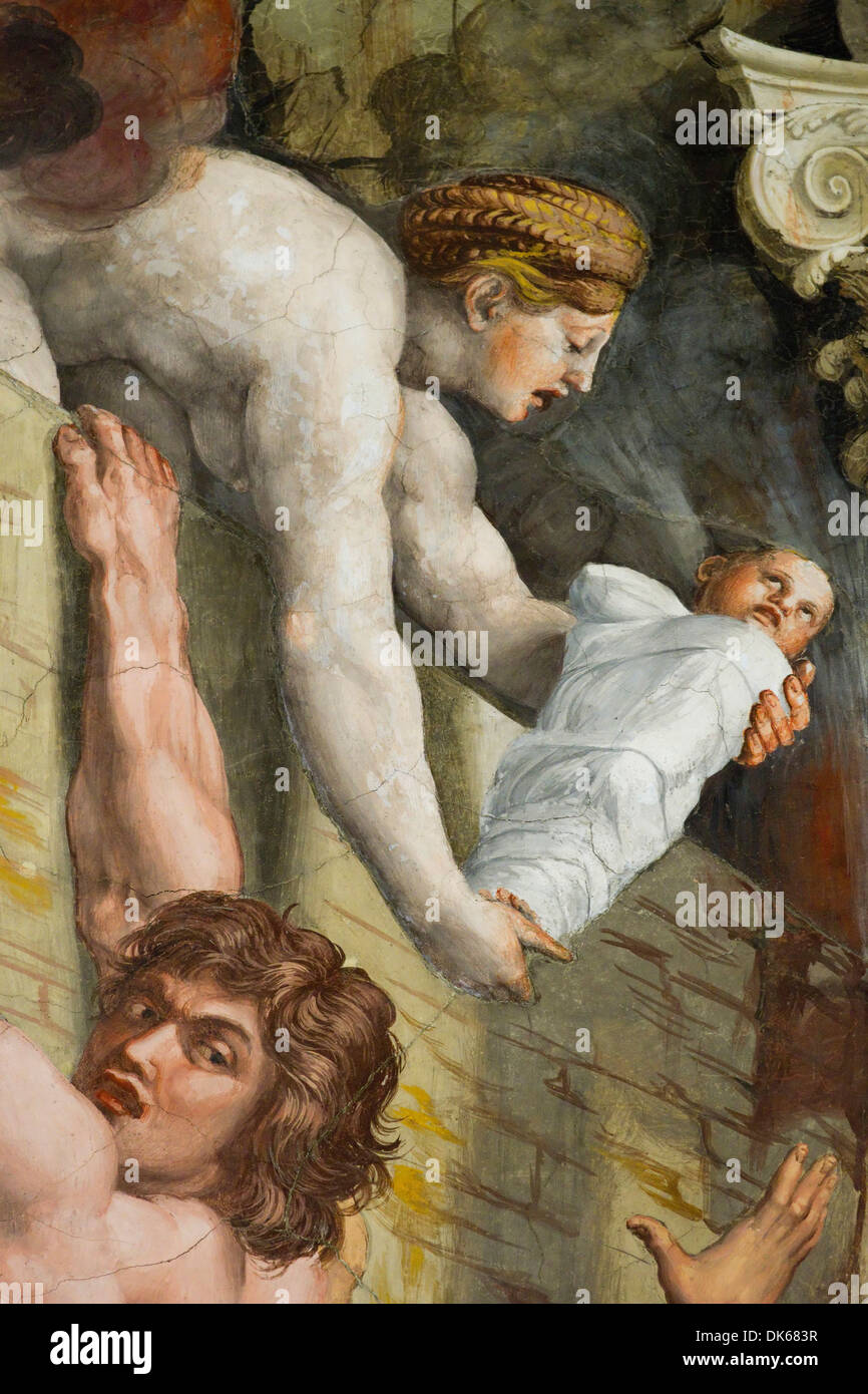 Detail aus der Brand im Borgo, ein Fresko von Raffael (Raffaello Sanzio da Urbino) entworfen und gemalt von Giulio Romano. Stockfoto