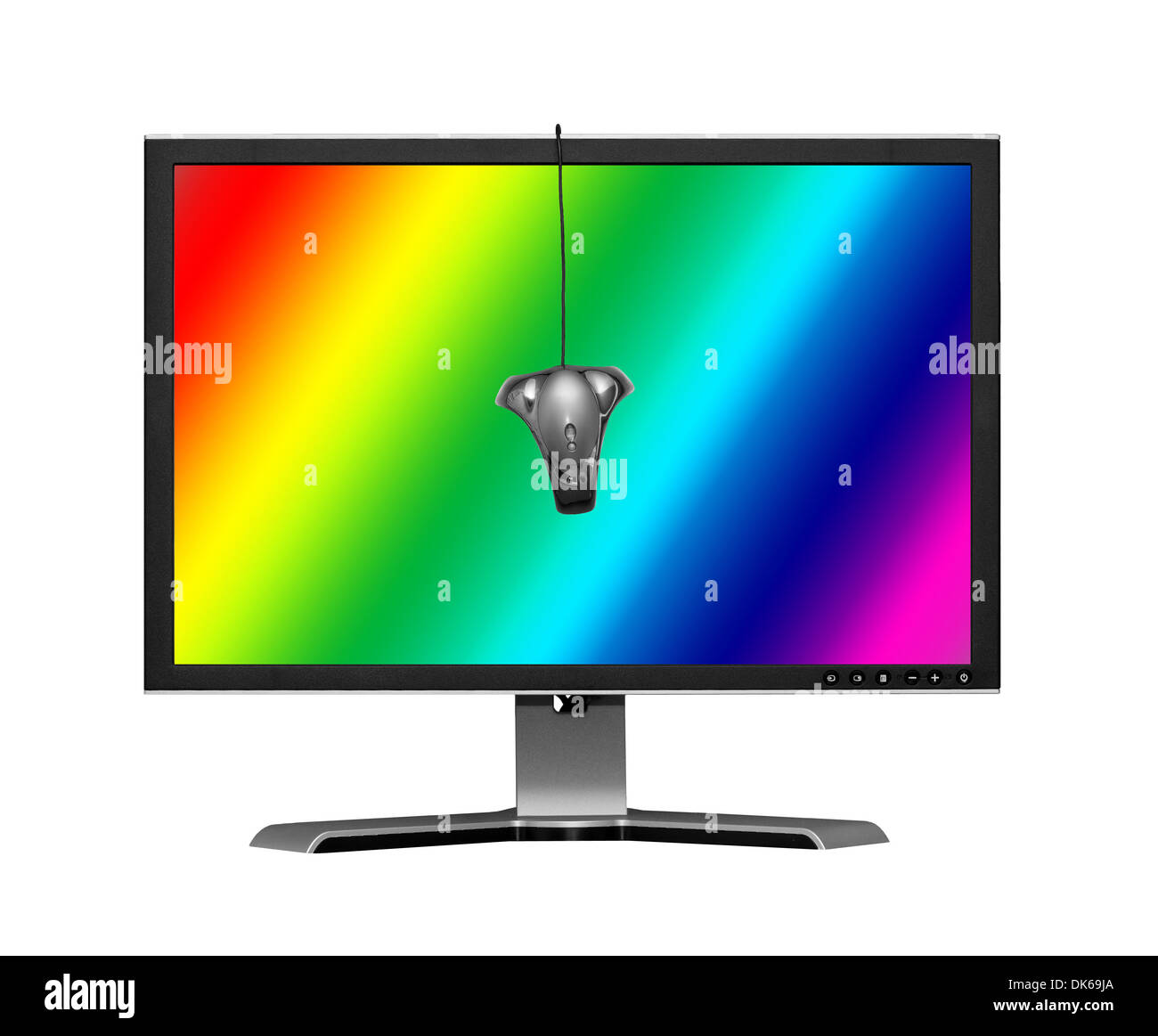 Isolierte Flatscreen LCD-Breitbildmonitor mit bunten Bildschirm und Kalibrator Stockfoto