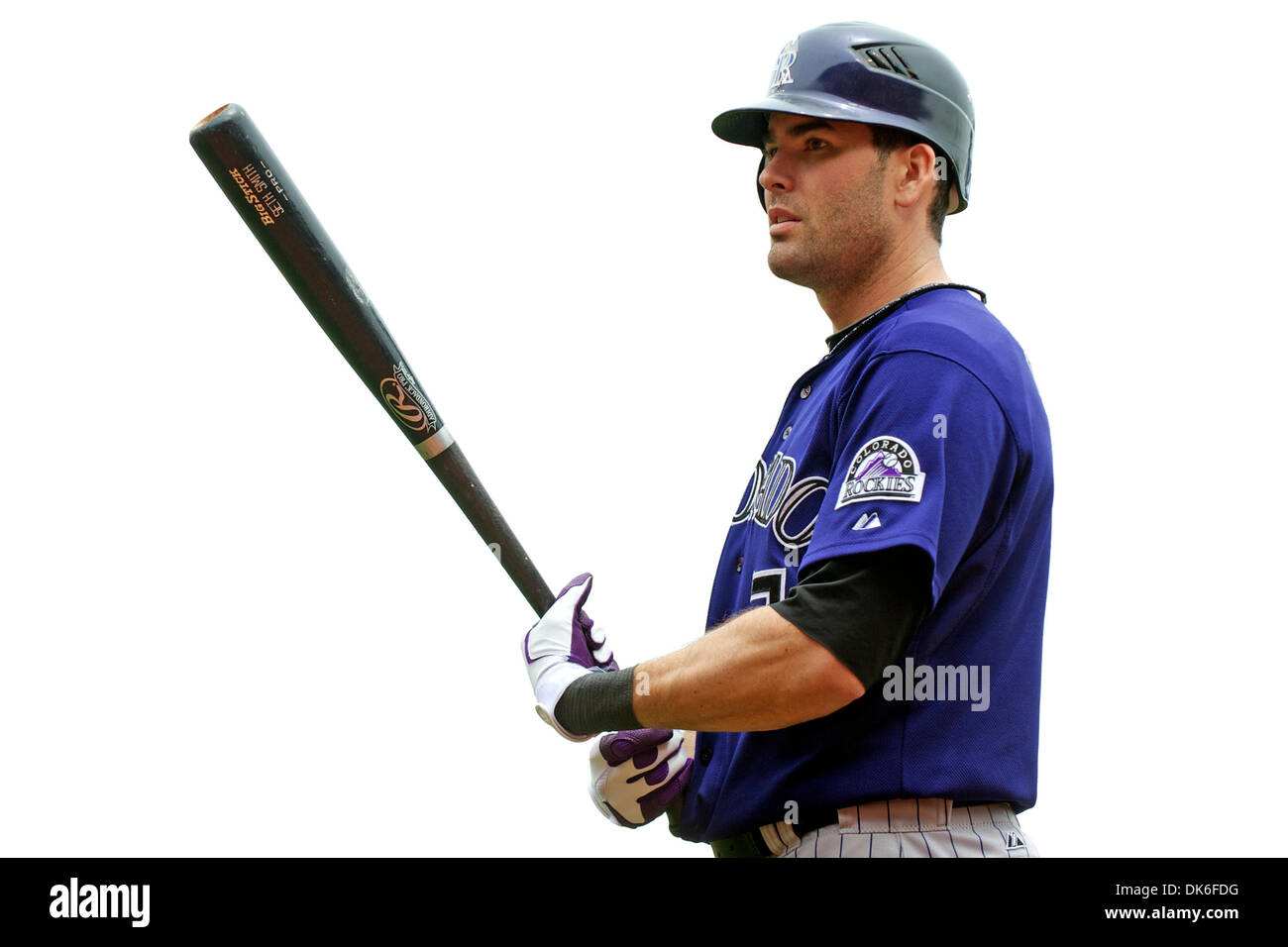 5. Juni 2011 - San Francisco, Kalifornien, USA - Rockies Recht Fielder Seth Smith (7) erwärmt sich im Kreis auf dem Deck während der MLB-Spiel zwischen den San Francisco Giants und den Colorado Rockies im AT&T Park in San Francisco, Kalifornien.  Die Giants schlagen die Rockies 2-1. (Kredit-Bild: © Matt Cohen/Southcreek Global/ZUMAPRESS.com) Stockfoto