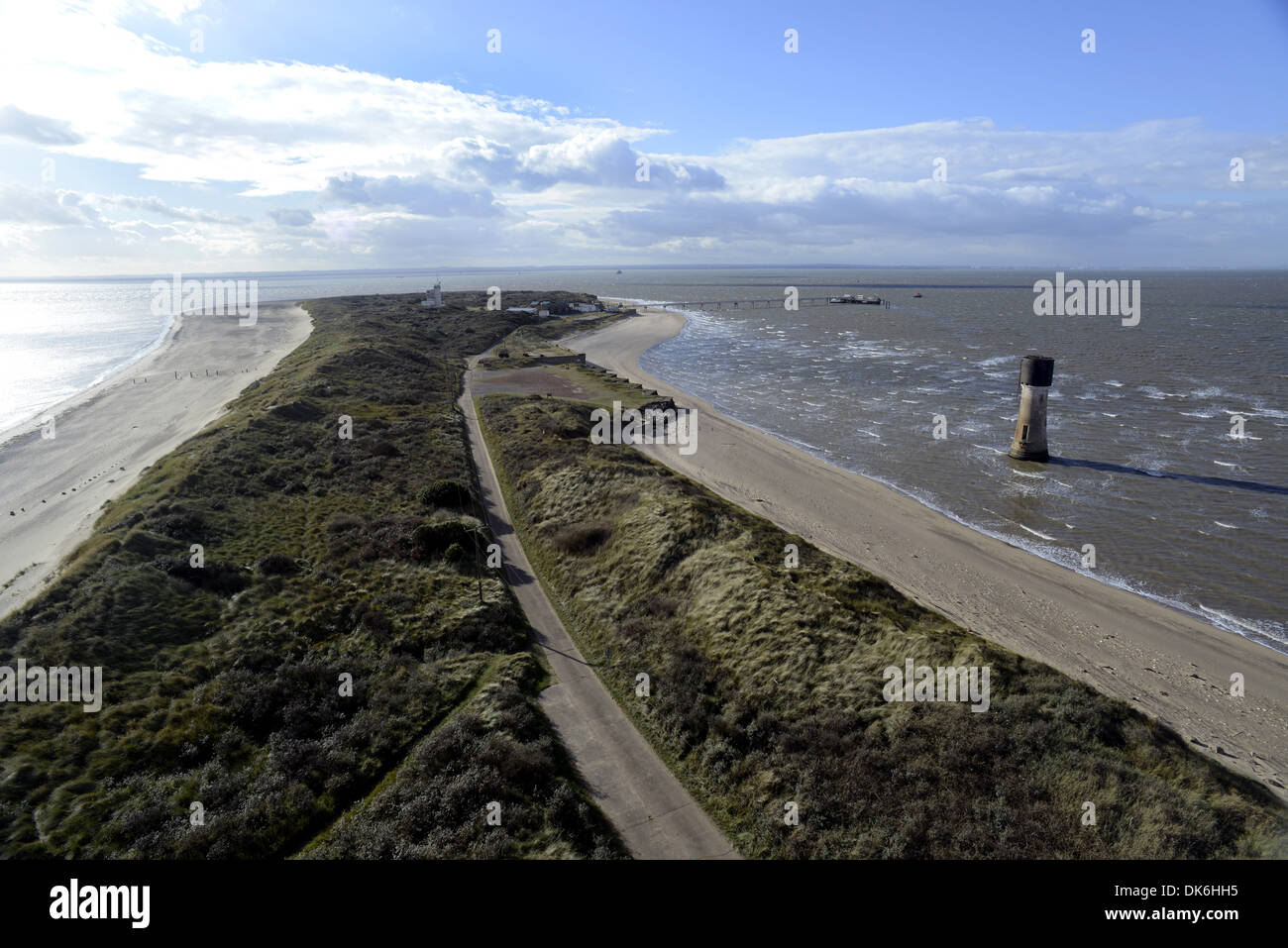 Spurn Point, einer 3,5 Meile-Halbinsel an der Ostküste, UK, betrachtet von den 150ft ehemaligen Leuchtturm Blick nach Süden. Stockfoto