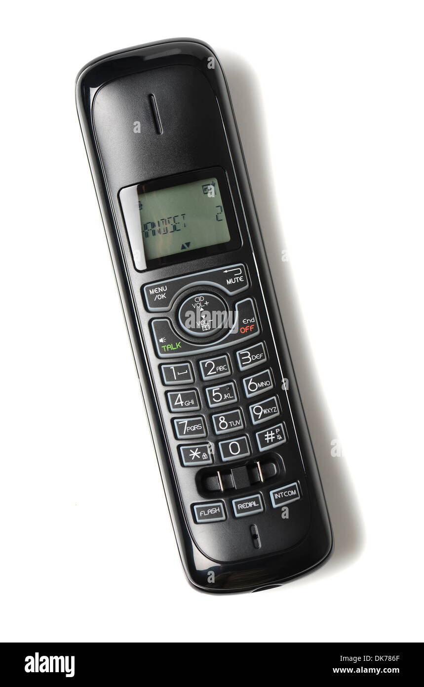 Telefon auf weißem Hintergrund, schnurloses Telefon, Telefon Stockfoto