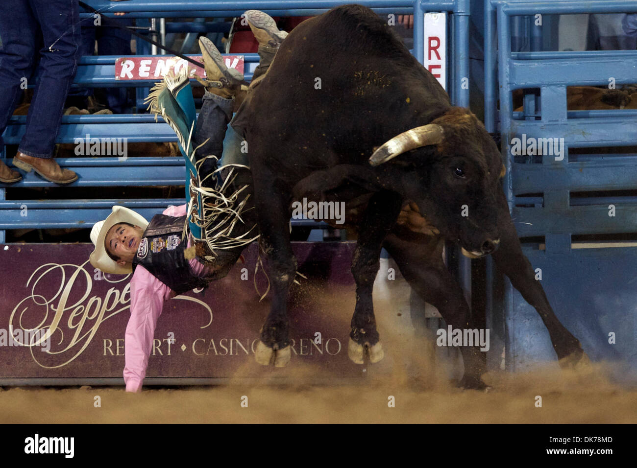 17. Juni 2011 - erhält Reno, Nevada, USA - Travis Atkinson von Lehi, UT aus Smokin Aces beim Reno Rodeo bockte. (Kredit-Bild: © Matt Cohen/Southcreek Global/ZUMAPRESS.com) Stockfoto