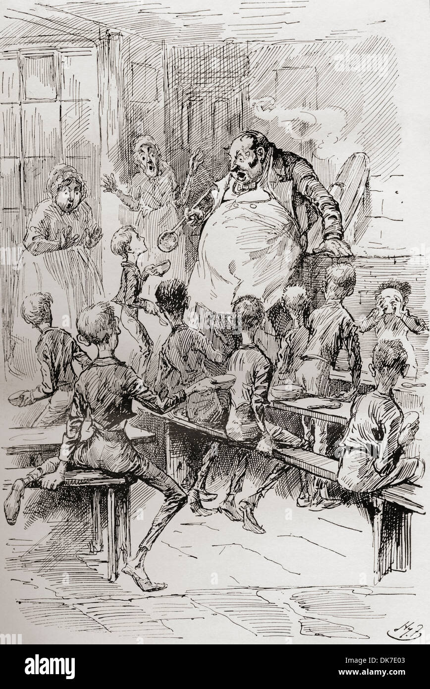 Bitte mein Herr, ich will noch mehr. Illustration von Harry Furniss für Charles Dickens Novel Oliver Twist. Stockfoto