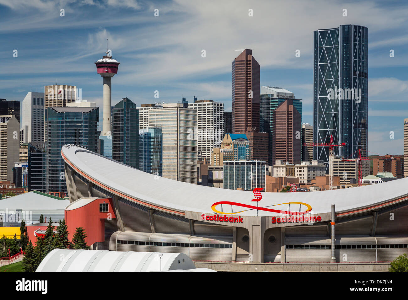 Die Scotiabank Saddledome und die Skyline der Stadt von Calgary, Alberta, Kanada Stockfoto