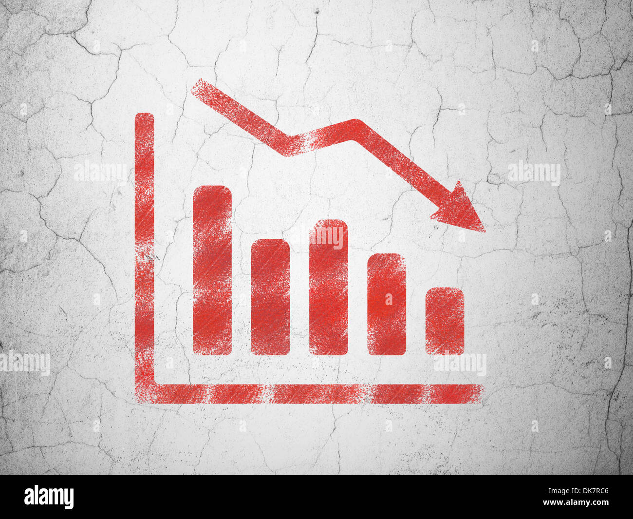 Marketingkonzept: Rückgang Graph auf Wand Hintergrund Stockfoto