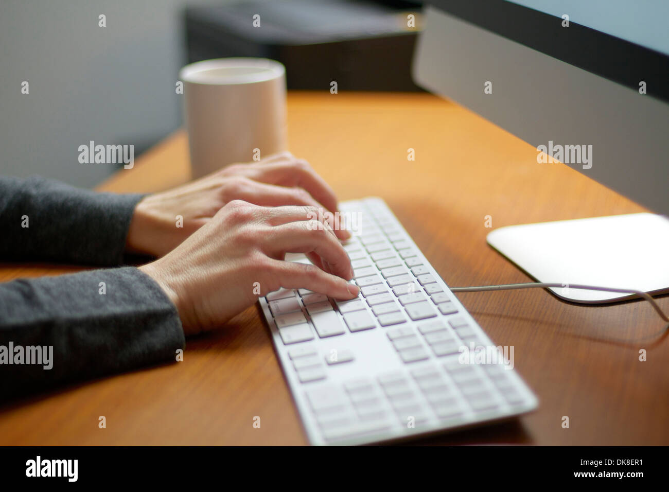 Weibliche Hände Tippen auf einer Computertastatur arbeiten in ihrem Büro. Stockfoto
