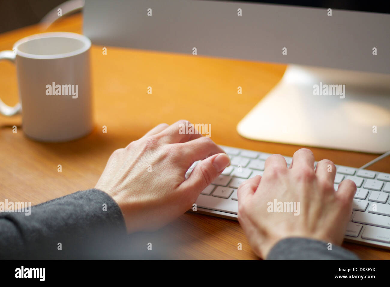 Weibliche Hände Tippen auf einer Computertastatur arbeiten in ihrem Büro. Stockfoto