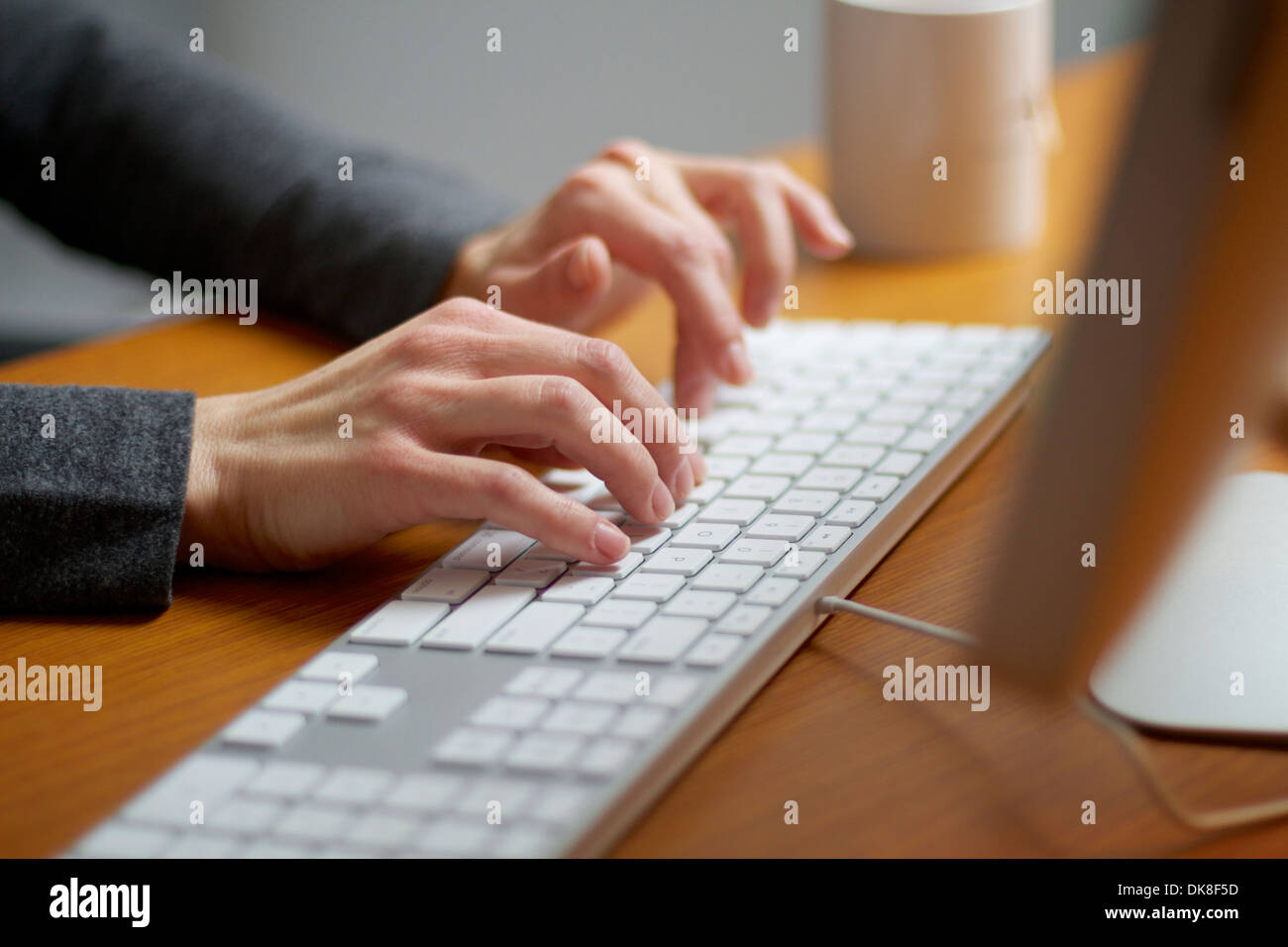 Weibliche Hände Tippen auf einer Computertastatur arbeiten in ihrem Büro. Stockfoto