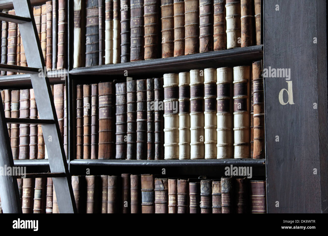 Bücherregale in der Long Room at Trinity College Library in Dublin Stockfoto