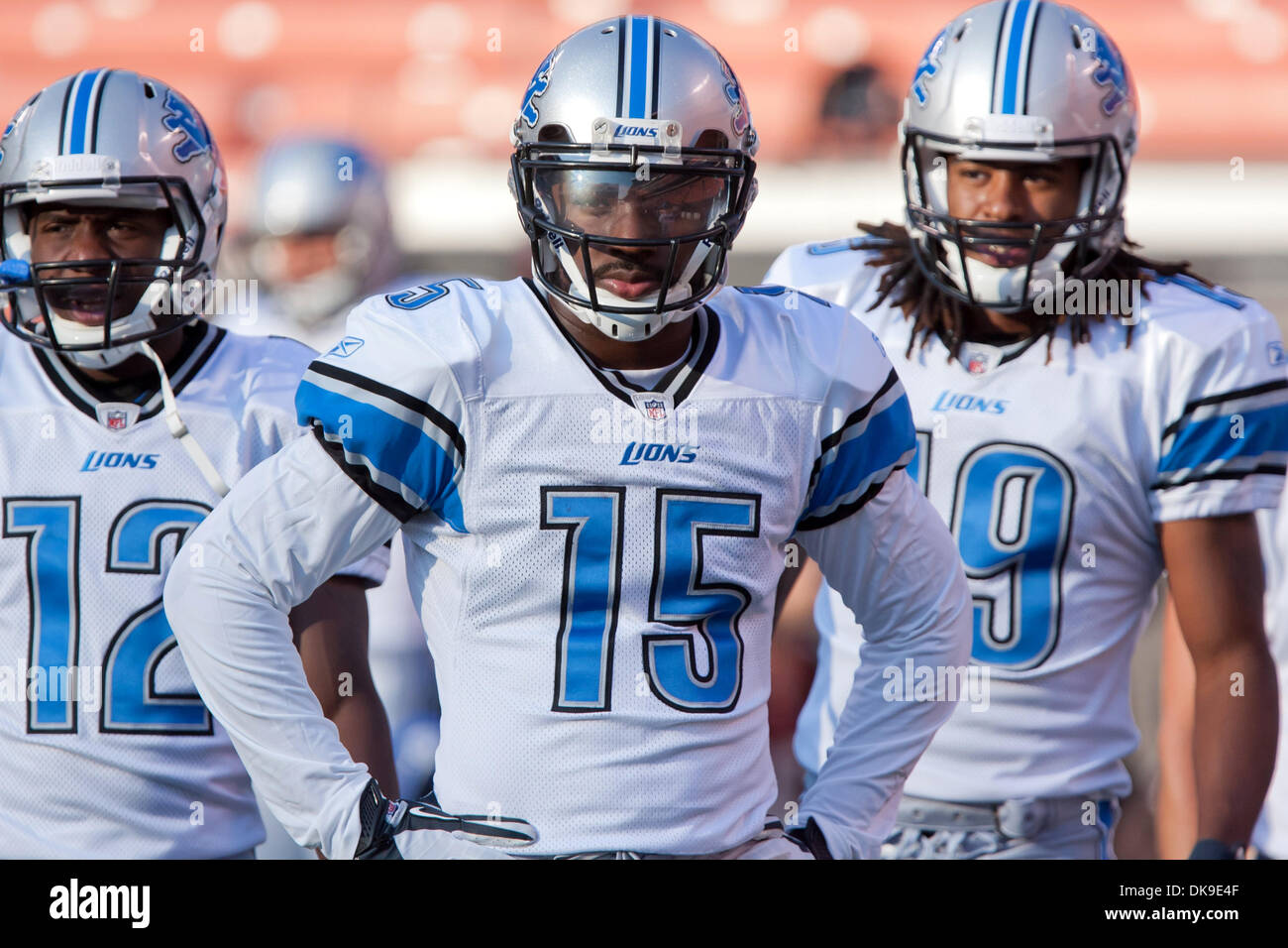19. August 2011 - Cleveland, Ohio, USA - Detroit Wide Receiver spielte Derrick Williams (15) vor der Vorsaison Spiel gegen die Cleveland Browns in Cleveland Browns Stadium in Cleveland, Ohio. Die Detroit Lions besiegten die Cleveland Browns 30-28. (Kredit-Bild: © Frank Jansky/Southcreek Global/ZUMAPRESS.com) Stockfoto