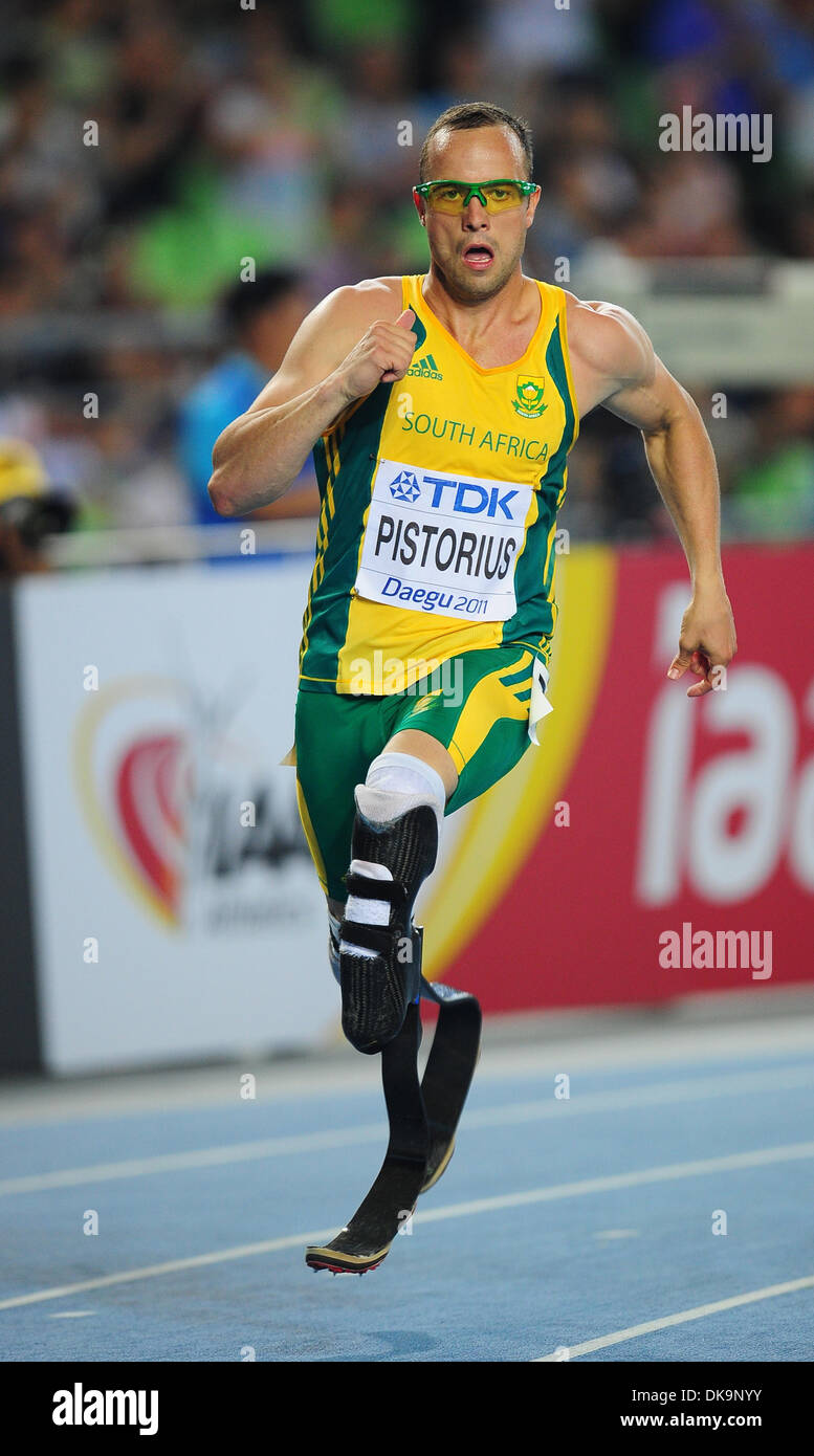 29. August 2011 konkurriert - Daegu, Südkorea - Oscar Pistorius aus Südafrika, während die Männer 400 m-Halbfinale bei der 13. IAAF Leichtathletik-Weltmeisterschaften in Daegu Stadium, Südkorea, 29. August 2011. (Kredit-Bild: © Korea Jana Presse/Jana Press/ZUMAPRESS.com) Stockfoto