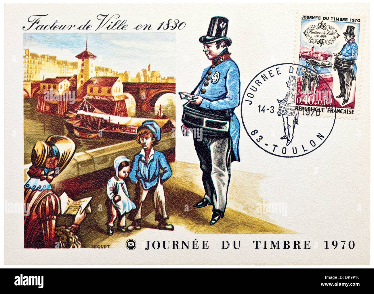 1970 französischen Ansichtskarte Stadt Postbote 1830 - Journée du Timbre (Tag der Briefmarke). Stockfoto