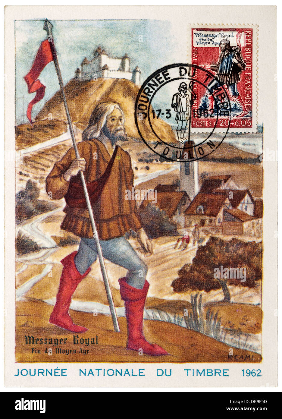 1962 französische Postkarte mit königlichen Gesandten im Mittelalter - "Journée du Timbre" (Tag der Briefmarke). Stockfoto
