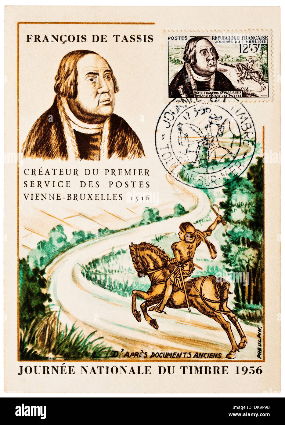 1956 französische Postkarte mit Francois de Tassis, 1516 - Journée du Timbre (Tag der Briefmarke). Stockfoto