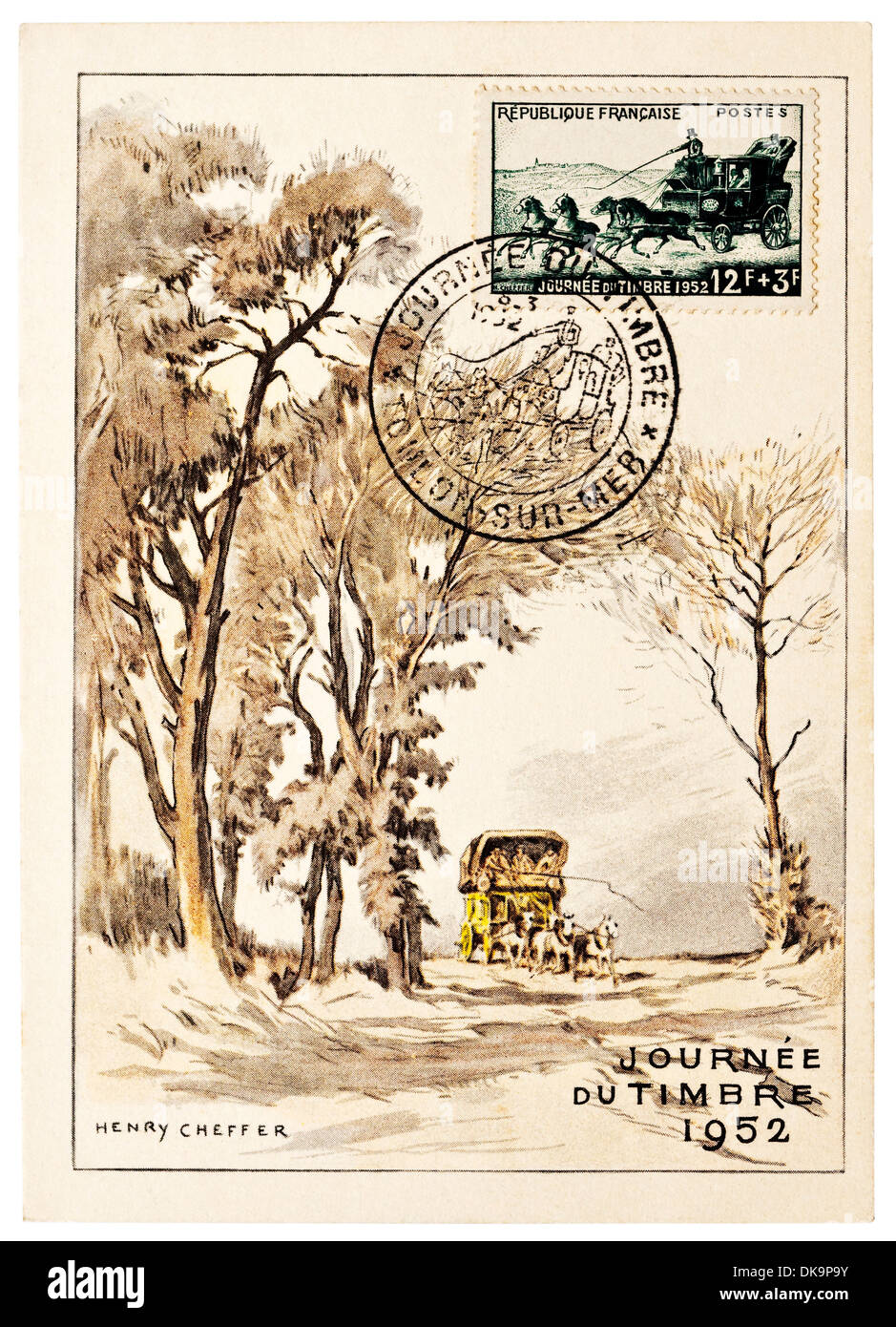 1952 französischer Ansichtskarte eine Mail Postkutsche - Journée du Timbre (Tag der Briefmarke). Stockfoto