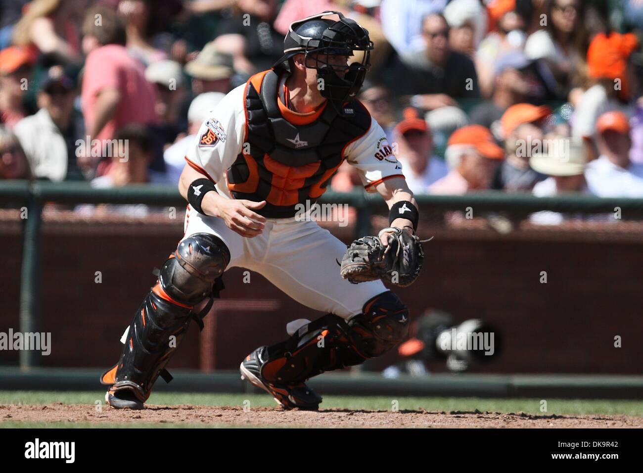 31. August 2011 - San Francisco, Kalifornien, USA - San Francisco Giants Catcher Chris Stewart (37) hinter der Platte während der MLB-Spiel zwischen den San Francisco Giants und die Chicago Cubs.   Die San Francisco Giants gewinnen das Spiel mit 4: 0. (Kredit-Bild: © Dinno Kovic/Southcreek Global/ZUMAPRESS.com) Stockfoto