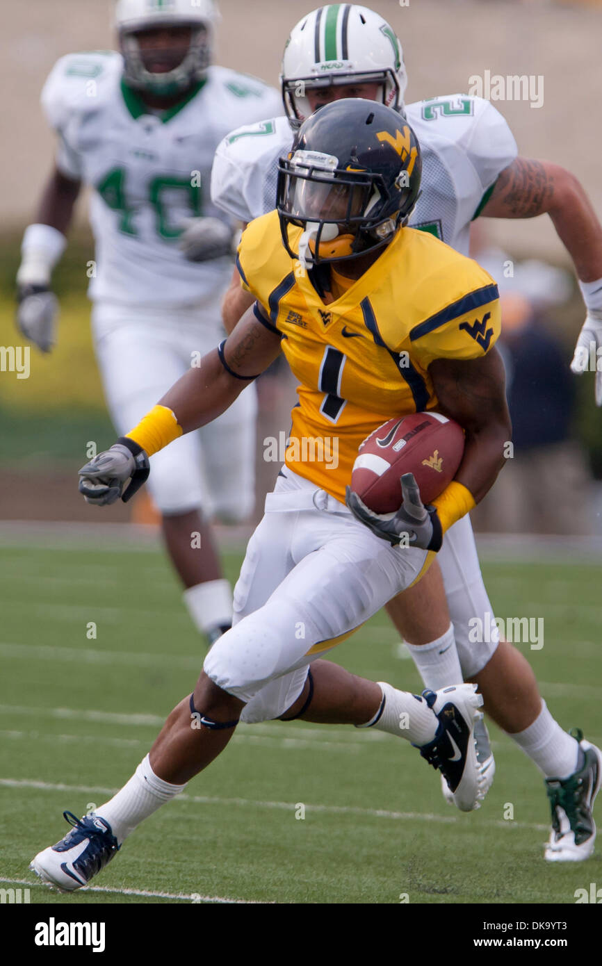 4. September 2011 - Morgantown, West Virginia, USA - West Virginia Wide Receiver läuft Tavon Austin (1) mit dem Fußball im zweiten Quartal gegen Marshall.  Die 24 Rang West Virginia Mountaineers Blei Marshall donnernde Heard 27-13 wie das Spiel von einem Blitz mit 04:59 links im dritten Quartal in der Kohle-Bowl-Freunde im Mailand Puskar Stadium in gespielt hat sich verzögert Stockfoto